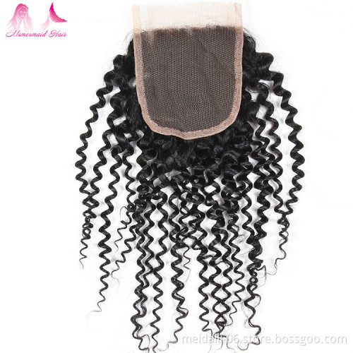 wholesale price kinky curly malaysian hair natural color double drawn human hair bundles with 4*4 lace closure